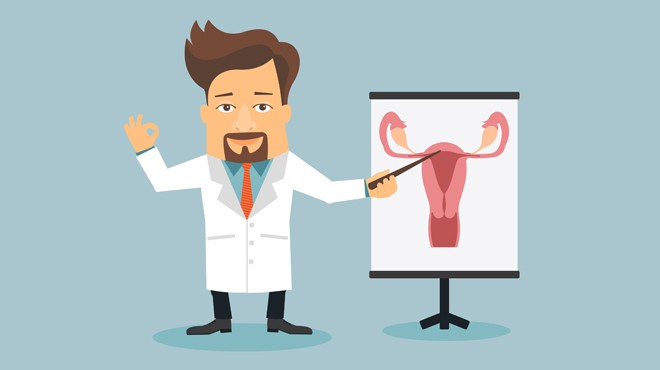 jak przygotować się do wizyty u ginekologa - grafika przedstawiająca lekarza z tablicą na której jest układ rozrodczy kobiety